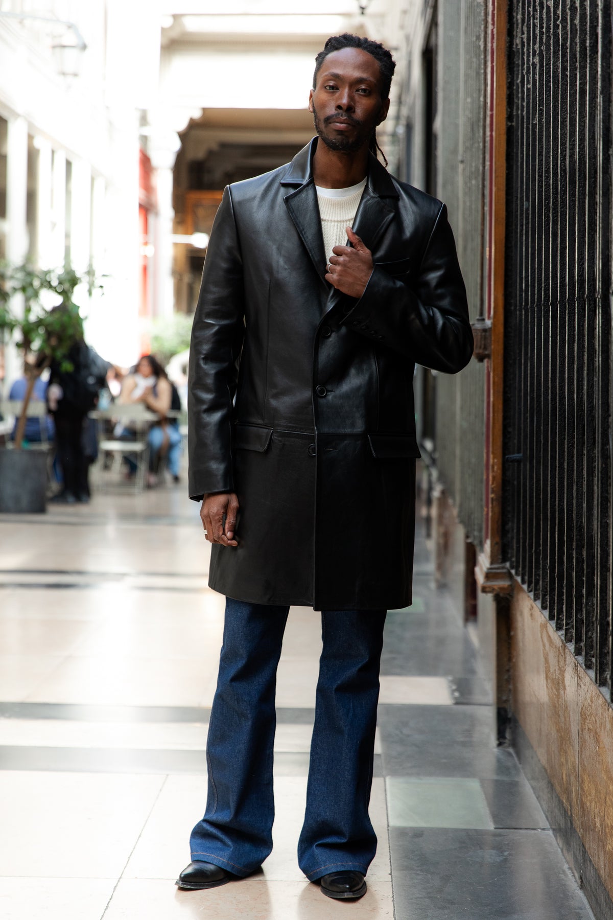 3-button leather tailored coat, worn