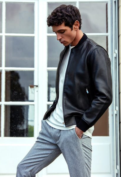 Blouson Bomber Homme En Cuir D'Agneau Véritable – Bleu – Fait Main – YKK – Taille Regular