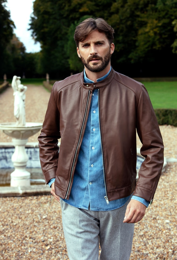 Blouson l’essentiel en cuir d’agneau plongé marron cigare