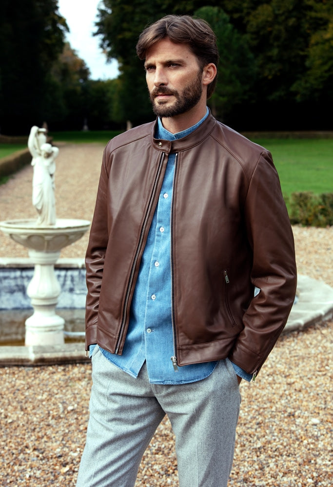 Blouson l’essentiel en cuir d’agneau plongé marron cigare