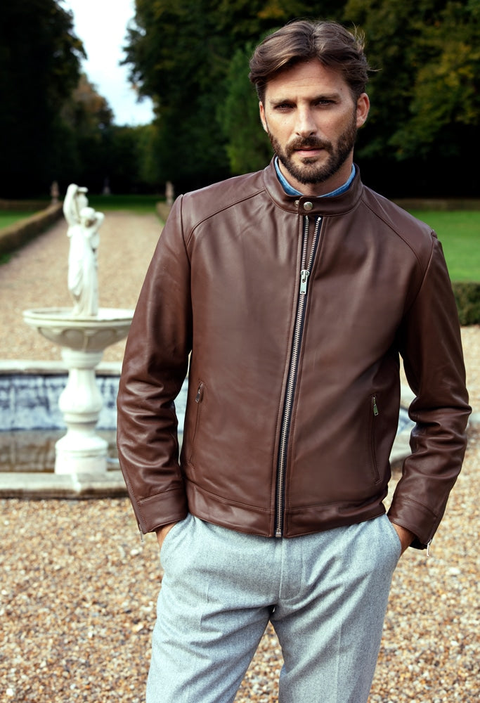 Blouson l’essentiel en cuir d’agneau plongé marron cigare