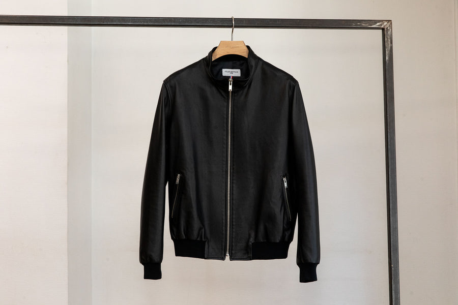 High-neck bomber jacket — Black plonge lambskin — Size 54