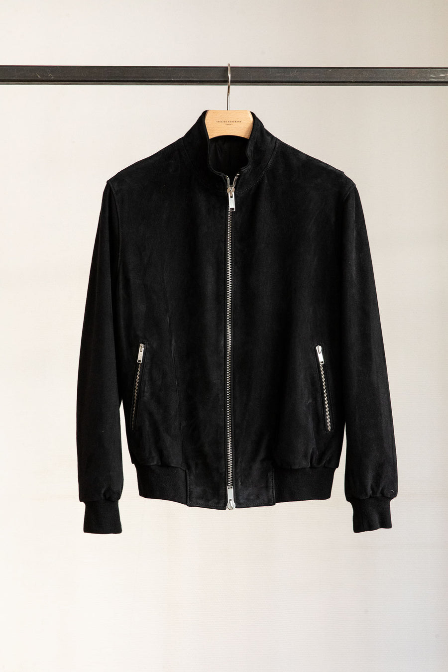 High-neck bomber jacket — Black suede lambskin — Size 48