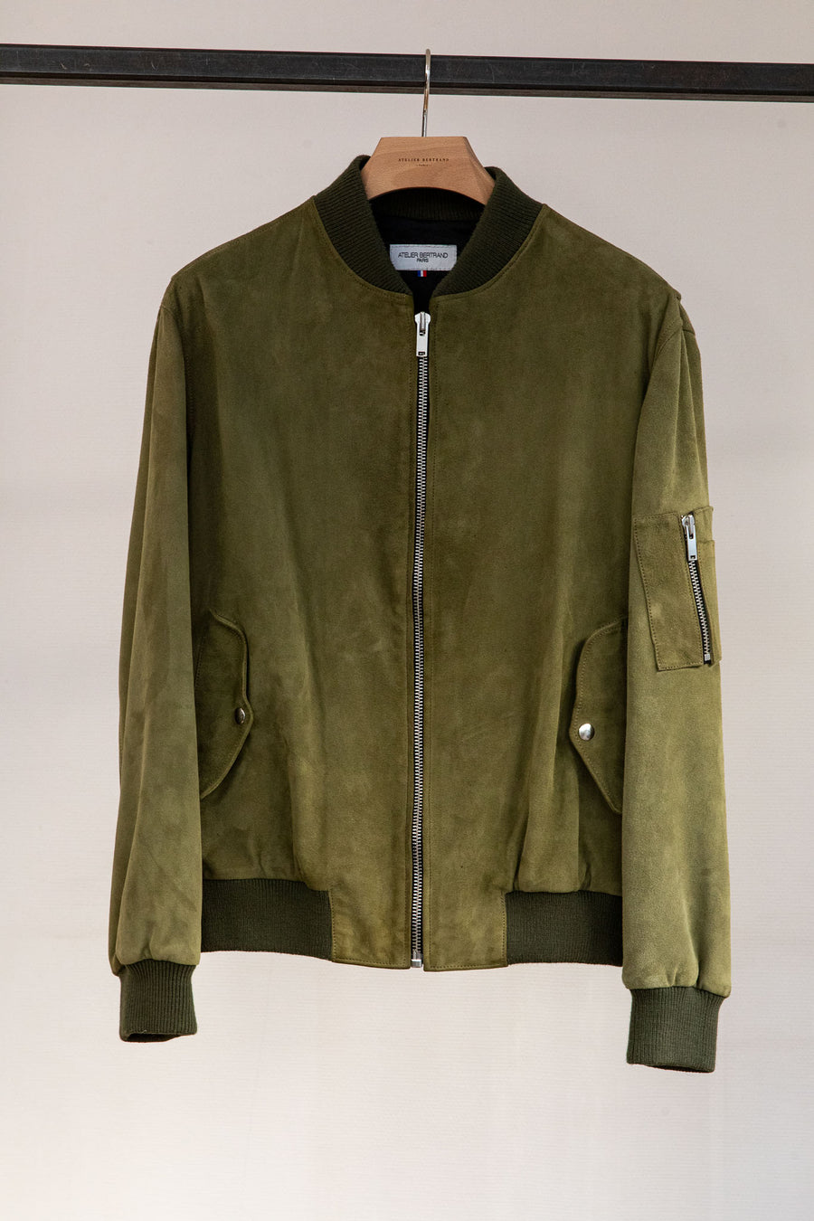 Oversized bomber jacket — Olive suede goatskin — Size 52