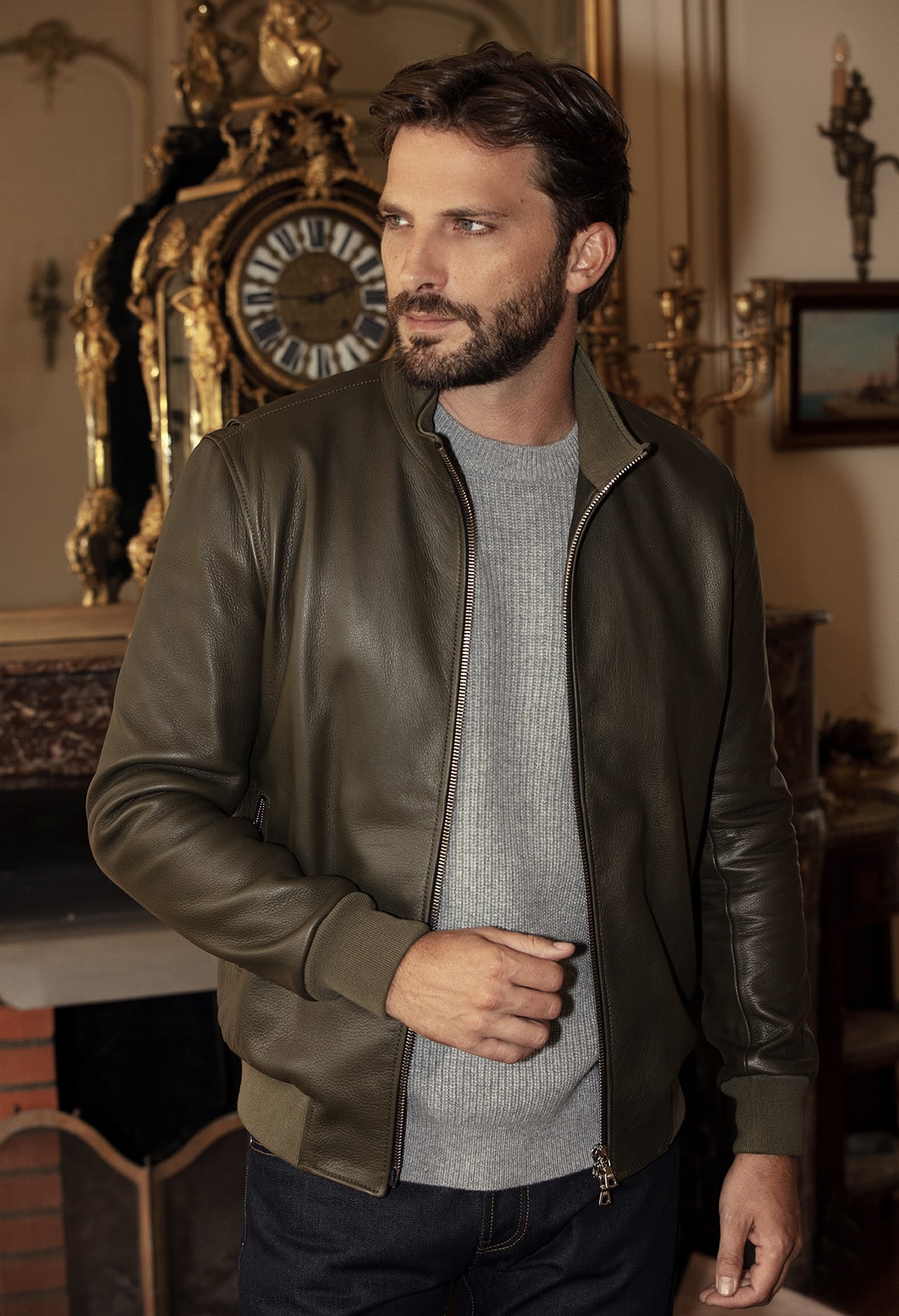 Bomber jacket with stand-up collar 