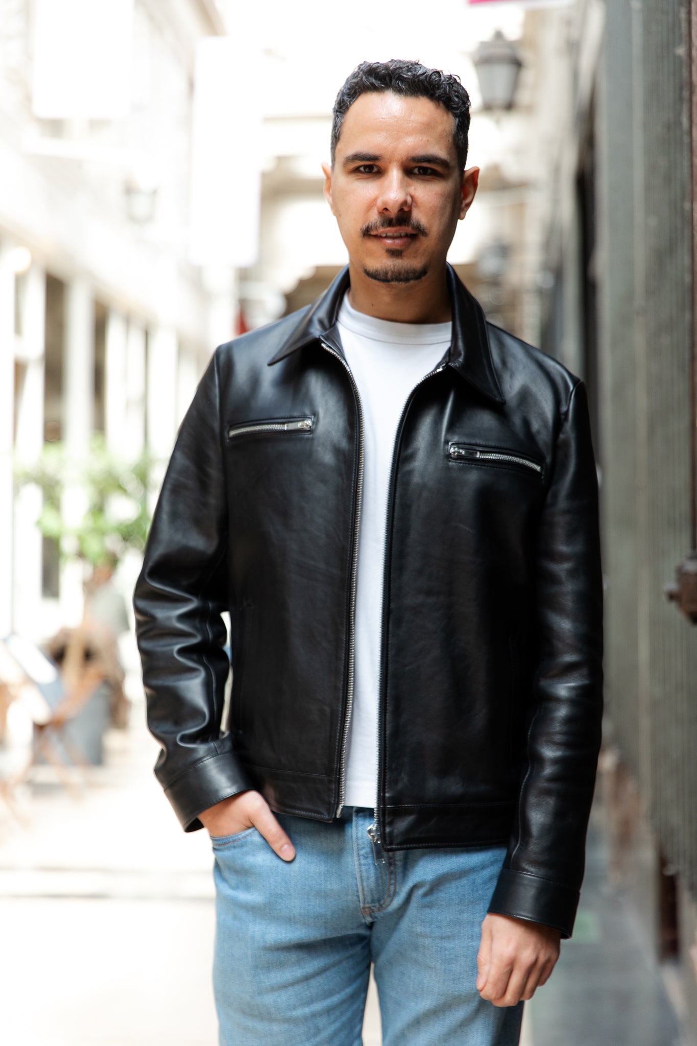 Café racer shirt — Black plongé lambskin — Size 56