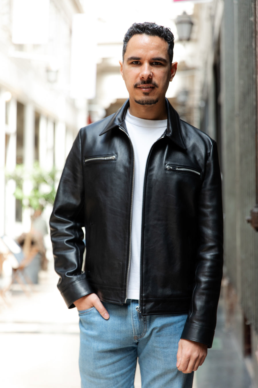 Café racer shirt — Black plongé lambskin — Size 56