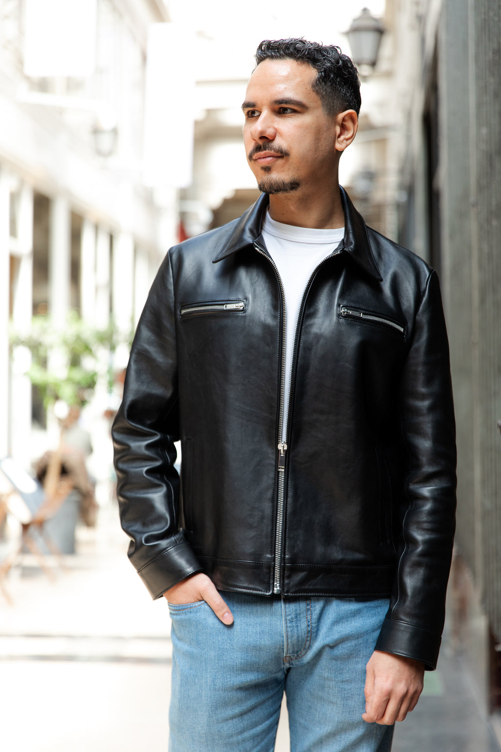 Café racer shirt — Black plongé lambskin — Size 56