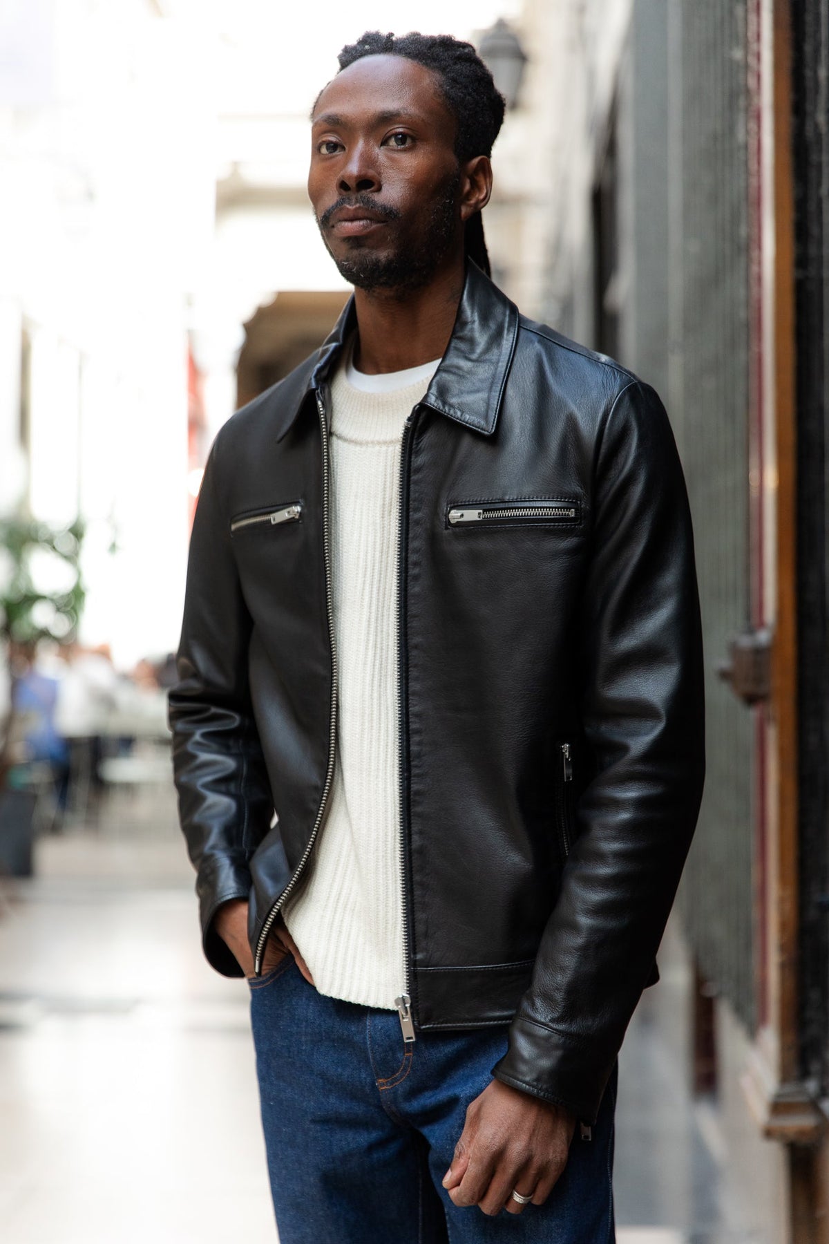 Blouson Café Racer Chemise en cuir d'agneau plongé noir, taille 50, fermé