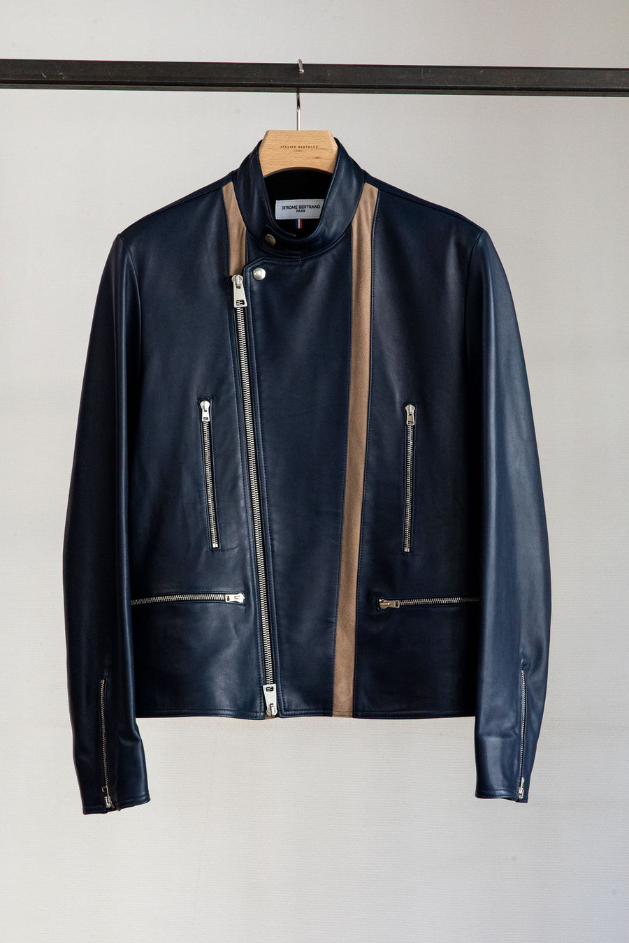 Rider — Lambskin and suede goatskin, navy and camel — Size 50